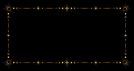 Esoteric celestial frame. Vector mystical magic decorative empty border, adorned with golden stars, suns, moons and lines. Mystic boho style magical, astrological background with golden space symbols © Vector Tradition