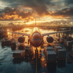 Dramatic aerial view of an airport with a commercial aircraft landing at sunset over a vibrant city skyline