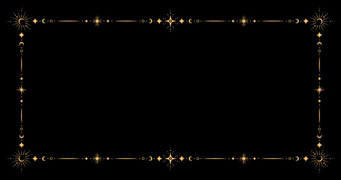 Esoteric celestial frame. Vector mystical magic decorative empty border, adorned with golden stars, suns, moons and lines. Mystic boho style magical, astrological background with golden space symbols
