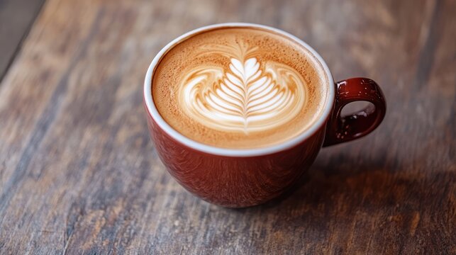 Artistic latte art with leaf pattern on wooden table, a caffeinated morning delight