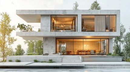 Striking modern architecture featuring a two story concrete and glass home with large and a spacious balcony surrounded by lush greenery and natural landscape at sunset
