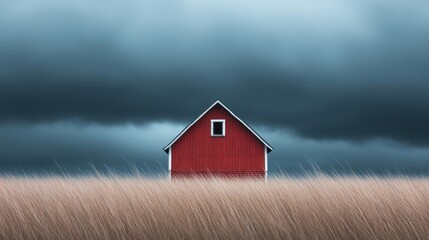 Solitary Red House Amidst Tall Grass Under Gloomy Stormy Skies