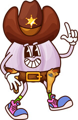 Cartoon groovy garlic sheriff cowboy character. Vector funny vegetable wears hat with star badge, belt and gun. Wild west veggie, western y2k retro personage with a wide smile, healthy food, condiment