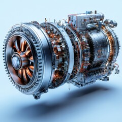 Powerful Jet Turbine Engine Intricate Aerospace and Engineering Technology  Highly detailed view of complex industrial equipment mechanical parts and futuristic engineering design