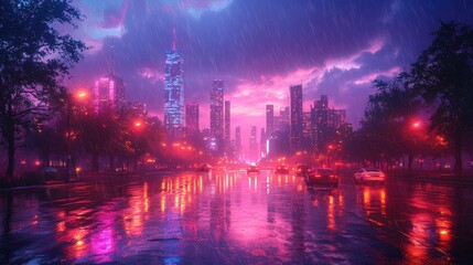 Dramatic rainy night cityscape with glowing skyscrapers vibrant neon lights and reflections in the flooded streets  Moody atmospheric urban landscape with a stormy colorful ambiance
