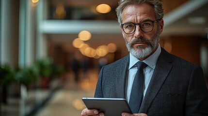 Serious middle aged businessman wearing formal suit and tie standing in office holding digital tablet looking pensive and thoughtful while contemplating or analyzing data