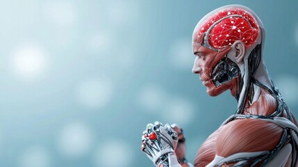 Detailed digital showcasing the futuristic anatomy and structures of a robotic cyborg with advanced intelligence and neural network systems