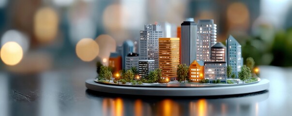 Stunning panoramic view of an illuminated cityscape with towering high rise skyscrapers and glowing nighttime lights reflecting off the buildings in a bustling financial and commercial district of a