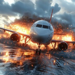 Dramatic scene of an airplane crash with a fiery explosion in the midst of a stormy and turbulent weather  The plane is surrounded by smoke flames and debris