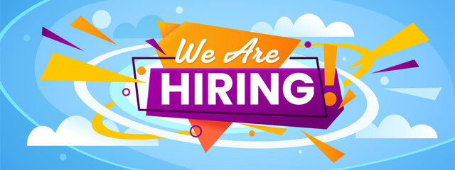 We are hiring banner, join to our team, hire offer. Vector speech bubble with bold typography and abstract geometric shapes on cloudy sky background conveys urgency and excitement for job recruitment