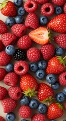 Fototapeta premium Mixed Berries Background: Red Raspberries Blueberries Strawberries