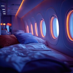 Tranquil and Serene Airplane Cabin Bathed in Soft Warm Lighting During a Night Flight   Comfortable Cabin with Plush Seating Evoking a Dreamlike Atmosphere for Relaxation and Rest