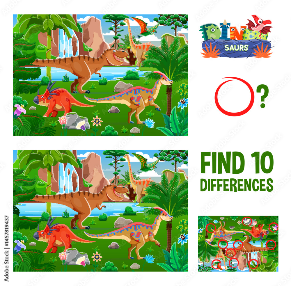 Poster kids game worksheet to find ten differences between prehistoric dinosaurs, vector puzzle quiz. kids 