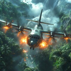 Intense aerial combat scene with military helicopters engaged in battle surrounded by explosions fire and thick smoke amidst the lush tropical jungle landscape  The dramatic