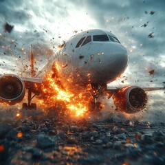 Dramatic and intense scene of a disastrous aircraft crash explosion in the sky with the plane engulfed in flames and breaking apart amidst a chaotic storm of debris and smoke against a dark