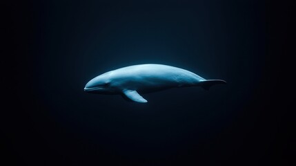 Obraz premium A solitary whale swims gracefully in deep, dark ocean waters, illuminated by a soft blue light.
