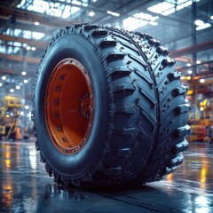 Close up view of a large durable tractor tire with deep aggressive treads and a robust rubber construction