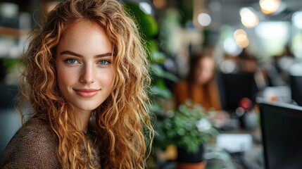 Radiant young woman with curly auburn hair exudes an aura of confidence and joy as she stands in an urban outdoor setting