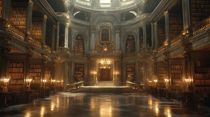 Obraz premium A mesmerizing long view down a vibrant blue library hall, filled with aged, leather-bound books.