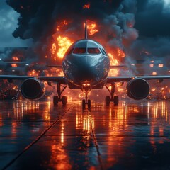 Dramatic Scene of a Passenger Airplane Engulfed in Flames and Explosions on the Airport Runway Causing a Major Disaster and Emergency Crisis Situation