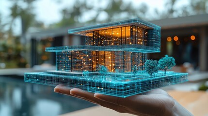 Stunning futuristic glass and light architectural building with water reflection in a tranquil pool at night  Sleek minimalist design with innovative lighting and contemporary aesthetic