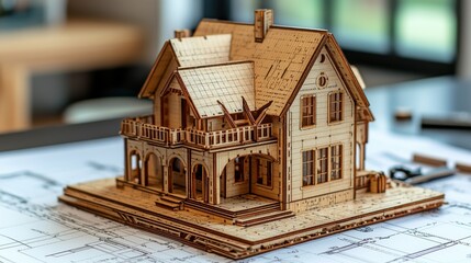 Detailed wooden architectural model showcasing the intricate design and craftsmanship of a charming rural cottage style home set amidst a natural landscape