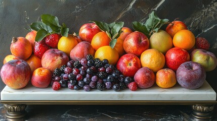 Colorful and bountiful arrangement of various ripe autumn fruits including apples oranges grapes plums and peaches displayed on a rustic wooden table