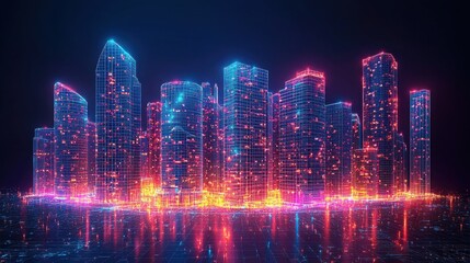 Mesmerizing nighttime cityscape featuring a vibrant and futuristic skyline of high rise buildings skyscrapers and towers illuminated by a dazzling display of neon lights and reflections on the water