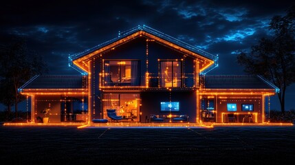 Illuminated Cozy Winter Cabin Nestled in Snowy Mountainous Landscape at Night  Festive Lights up the Rustic Cottage in a Serene and Peaceful Setting