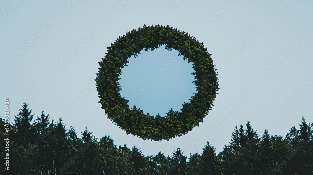 Poster a perfect ring of trees floats above a pine forest, creating a surreal and captivating landscape und