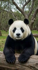Obraz premium Giant Panda Resting on Log in Lush Green Forest
