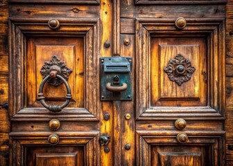 Rustic Wooden Door with Antique Metal Knockers & Mail Slot - Vintage Home Decor Poster