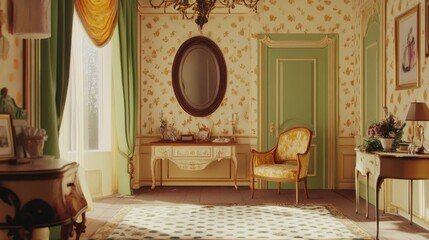 Elegant interior of a sunlit, antique-style room.