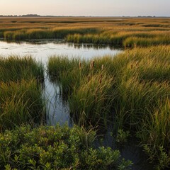 Serene Summer Wetland Landscape with Lush Green Vegetation