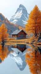 Fototapeta premium Alpine chalet mirrored in a tranquil lake, autumnal hues