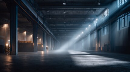 Industrial warehouse with concrete floors and steel beams, showcasing raw urban aesthetics and depth.
