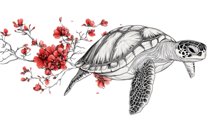 Sea Turtle Swimming Through Delicate Red Flowers – Artistic Ink Illustration