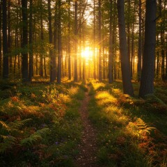 Obraz premium Golden Sunset Rays in Autumn Forest Path