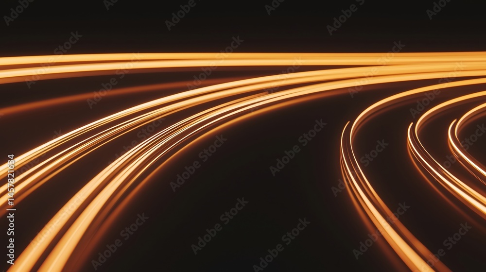 Poster curved golden light trails streak across a dark background, creating a sense of motion and speed.