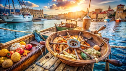 Obraz premium Sardinian Seafood Feast: Fresh Catch & Rustic Charm of Cagliari's Fishing Boats