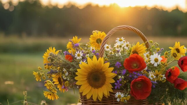Vibrant summer flowers in wicker basket at sunset. Sunflowers, poppies, and wildflowers for Kupala Night celebration. Nature-inspired decor for midsummer festival.