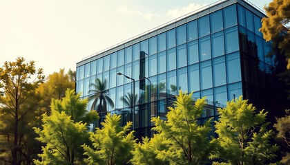 Modern glass office building nestled in lush green trees,  modern design,  modern