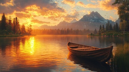 Obraz premium Lonely boat under the sunset on the lake