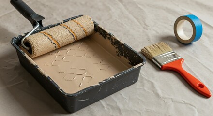 Essential tools for a home painting project, including a paint roller in a tray of beige paint, a paintbrush, and blue painter's tape, laid out on a protective drop cloth.