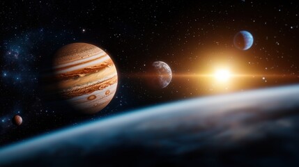 Fototapeta premium Stunning intergalactic landscape showcasing a vast array of planets moons and vibrant nebulae set against the captivating backdrop of a starry cosmos
