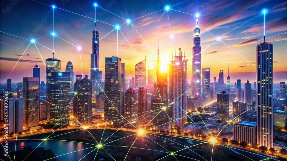 Aufkleber secure fintech ecosystem: aerial view of robust data center & network