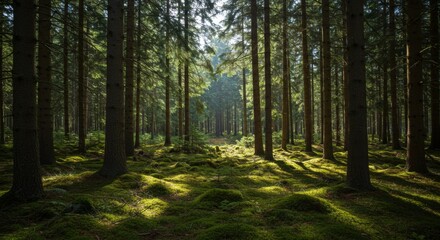 Fototapeta premium Sunlit Pine Forest with Mossy Ground