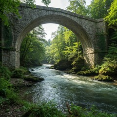 Stone Arch Bridge over a Flowing River in Lush Green Landscape