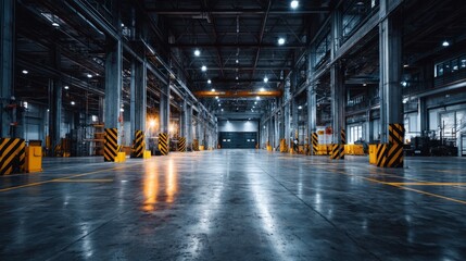 Obraz premium Industrial warehouse with concrete floors and steel beams, showcasing raw urban aesthetics and depth. 