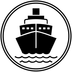 Black silhouette of a ship in a circular emblem  